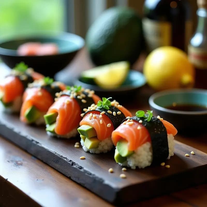 Onigiri de Salmón y Aguacate: Aperitivo Japonés Sin Arroz con Envoltura de Algas