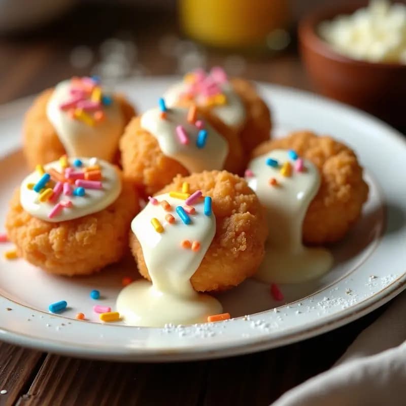 Fritura de Oreos Rebozados en Masa de Churros con Baño de Chocolate Blanco y Sprinkles Arcoíris