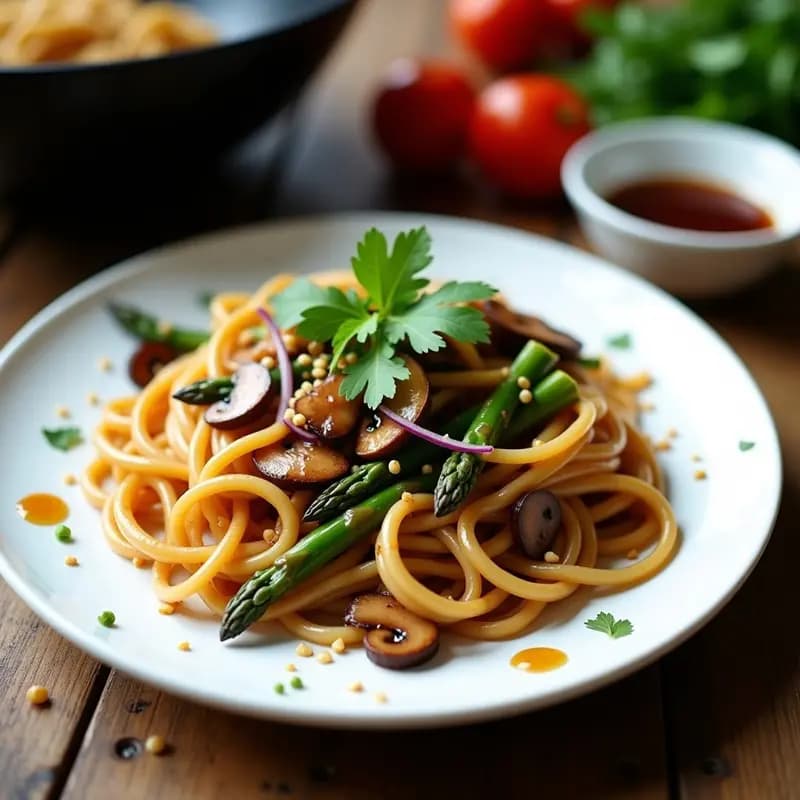 Pad See Ew con Espárragos y Hongos: Fideos Thailandeses Salteados en Wok con Salsa de Soja Baja en Sodio