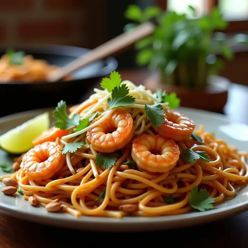 Pad Thai Auténtico con Camarones y Maní Tostado: Receta Tailandesa en 20 Minutos