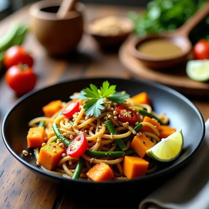 Pad Thai de Calabaza y Tofu: Receta Tailandesa Vegana con Sabor Umami en Wok