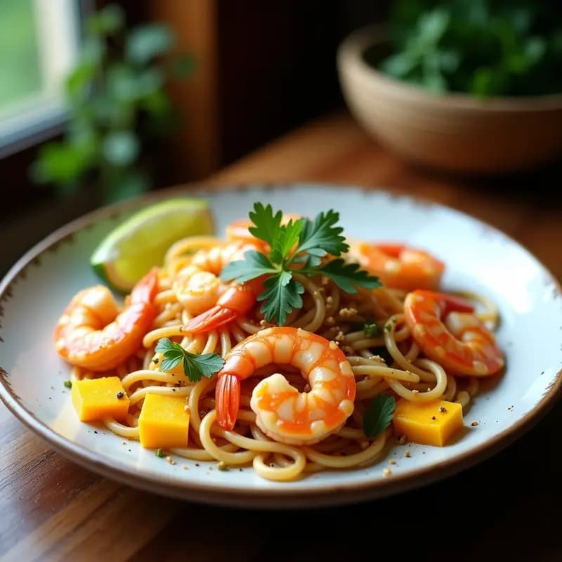Pad Thai de Camarones con Mango fresco: Receta Tailandesa Rápida y Alta en Proteína