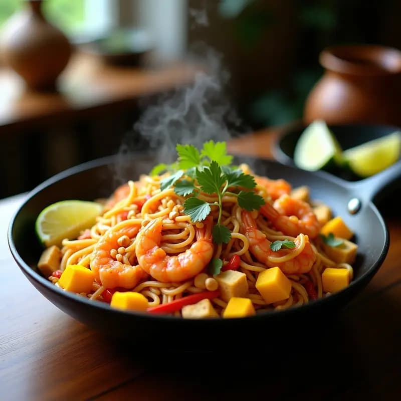 Pad Thai Tailandés con Camarones y Mango: Fideos Salteados Dulce-Salados