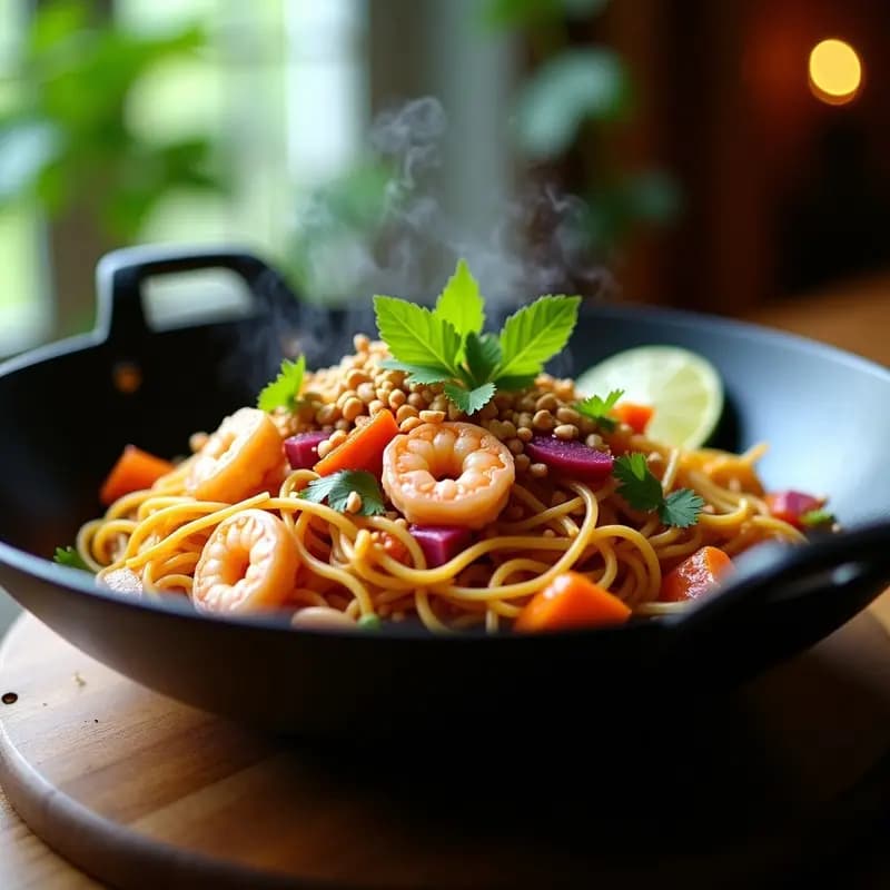 Pad Thai de Camarones y Mangostán: Receta Tailandesa Gourmet con Toque tropical en Wok