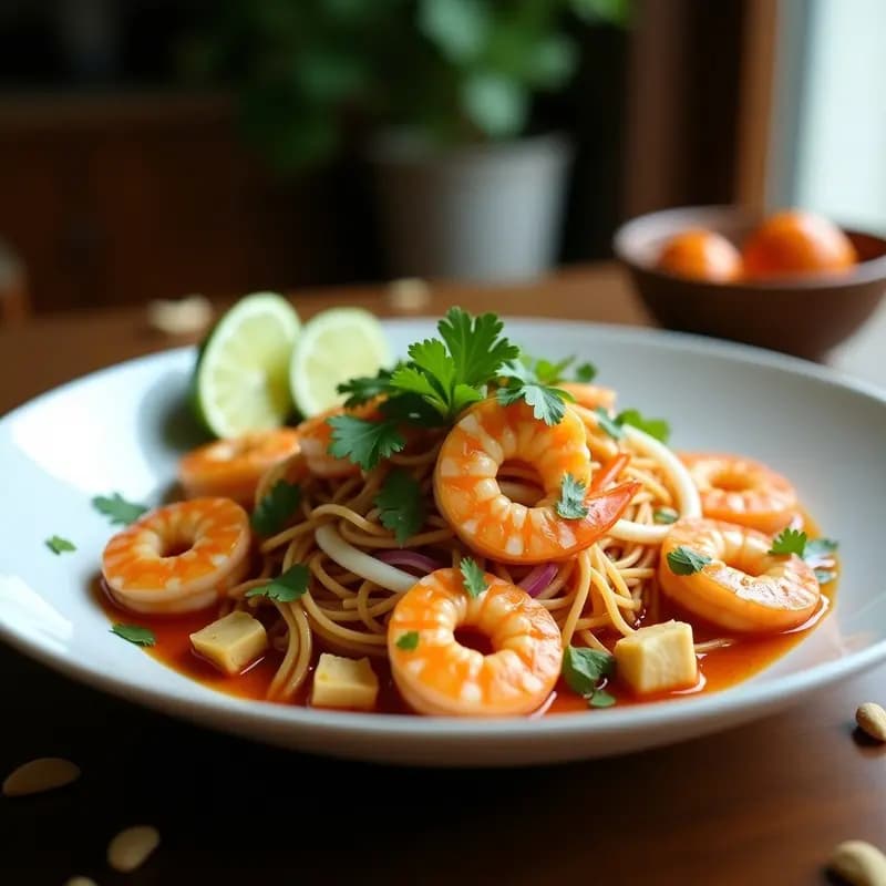 Pad Thai de Camarones: Receta Tailandesa Auténtica con Acidez de Tamarindo en Wok