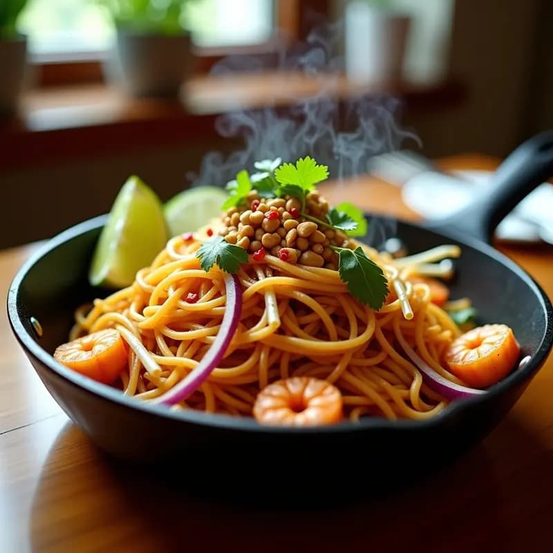 Pad Thai de Camarones con Tamarindo y Cacahuates: Receta Tailandesa Fácil en Sartén