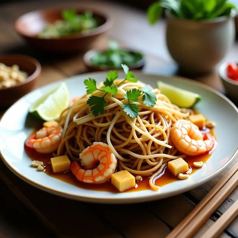 Pad Thai de Camarones con Tofu y Germinados: Receta Tailandesa Equilibrada y Rápida