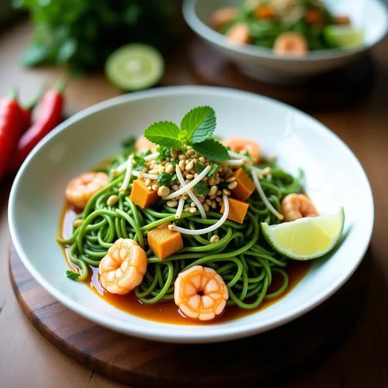 Pad Thai de Espirulina y Camarones: Receta Tailandesa Proteica y Detox con Toque Verde