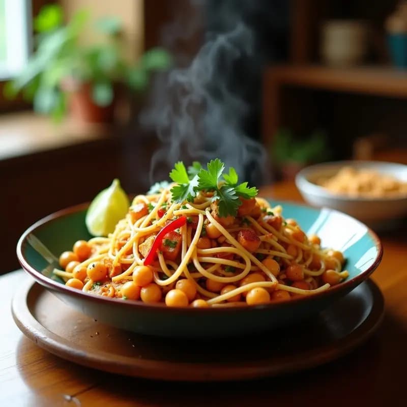 Pad Thai de Garbanzos: Fideos Tailandeses Veganos con Cacahuetes y Lima