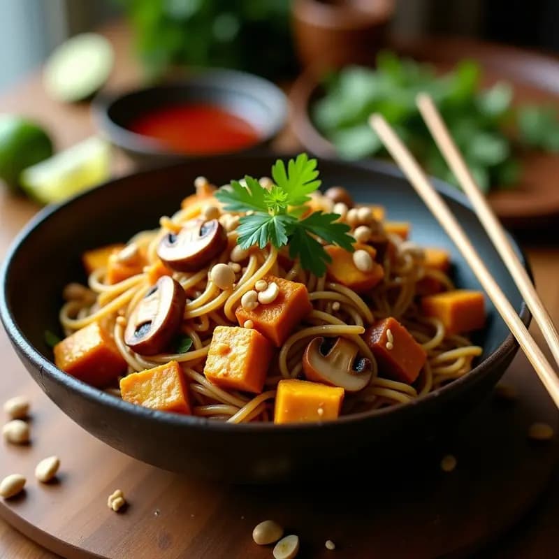 P exhibition de Hongos Shiitake y Tofu: Wok tailandés con Salsa de Tamarindo y Cacahuetes