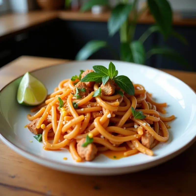 Pad Thai de Jackfruit desmenuzada: Receta Tailandesa Vegana con Salsa Tamarindo Casera en 25 Minutos