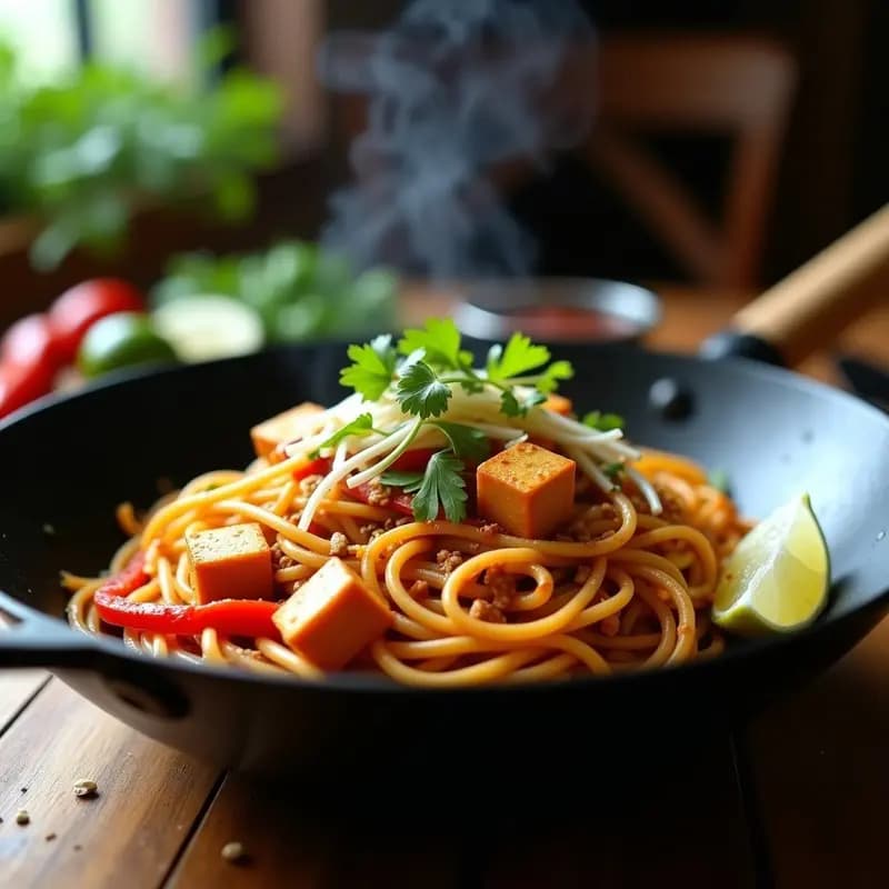Pad Thai de Kamut y Tofu: Receta Tailandesa con Espaguetis Integrales en Wok