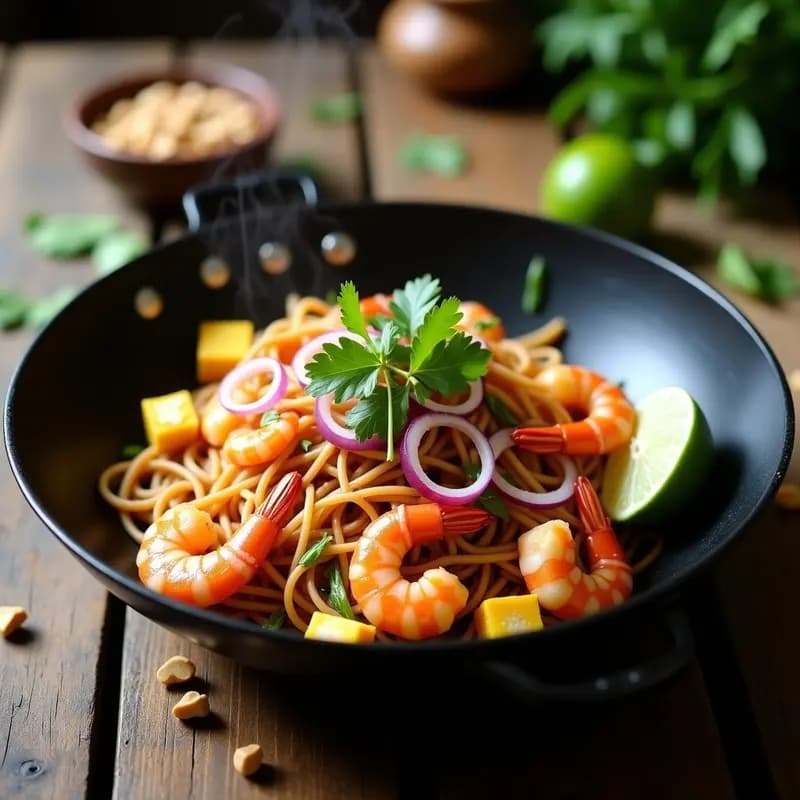 Pad Thai de Langostinos y Mangostán: Receta Tailandesa Ultra Aromática con Toque Exótico