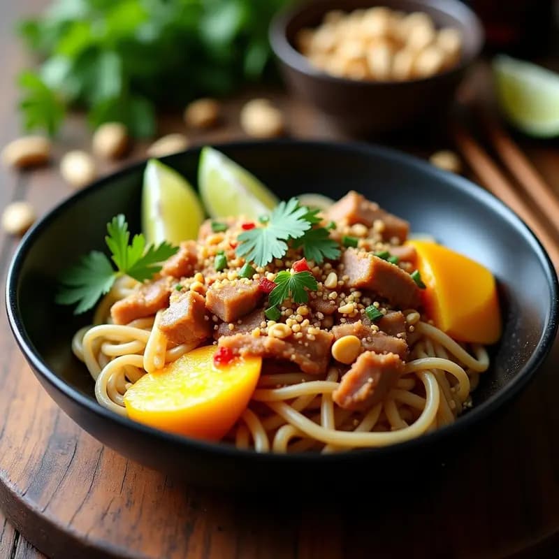 Pad Thai de Pernil y Mango: Receta Tailandesa con Toque Latino en Sartén