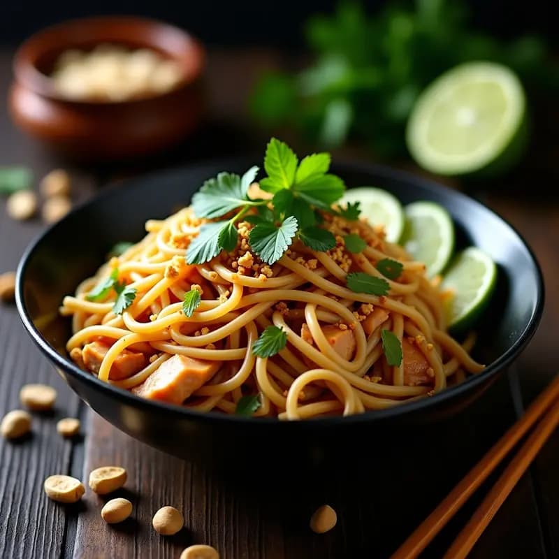 P dad Thai de Pollo y Cacahuetes: Receta Tailandesa con Fideos de Arroz Integral y Sin Gluten