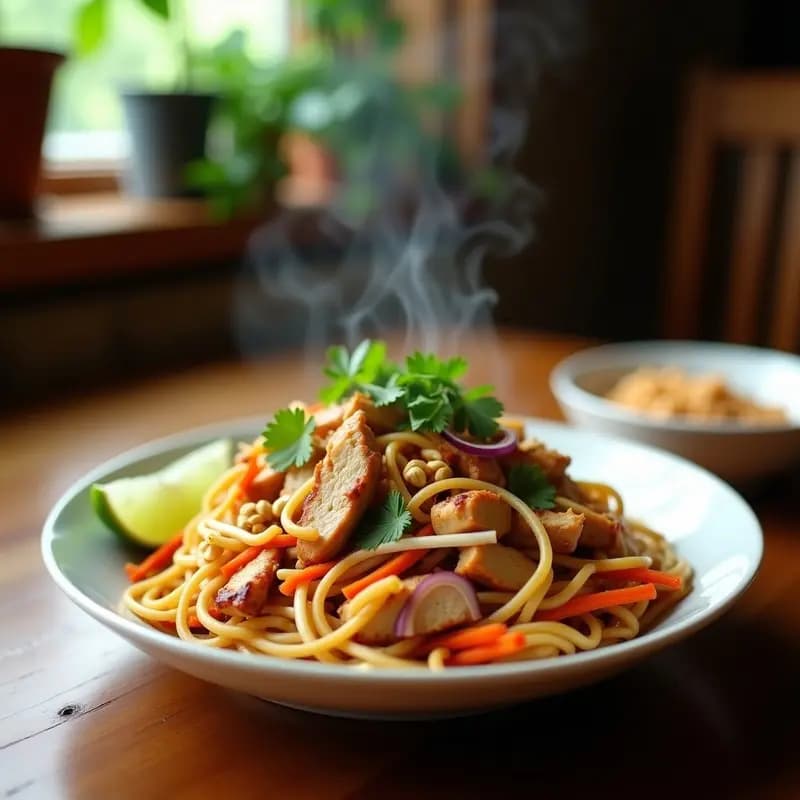 Pad Thai de Pollo con Cacahuetes Tostados: Receta Tailandesa Auténtica y Fácil