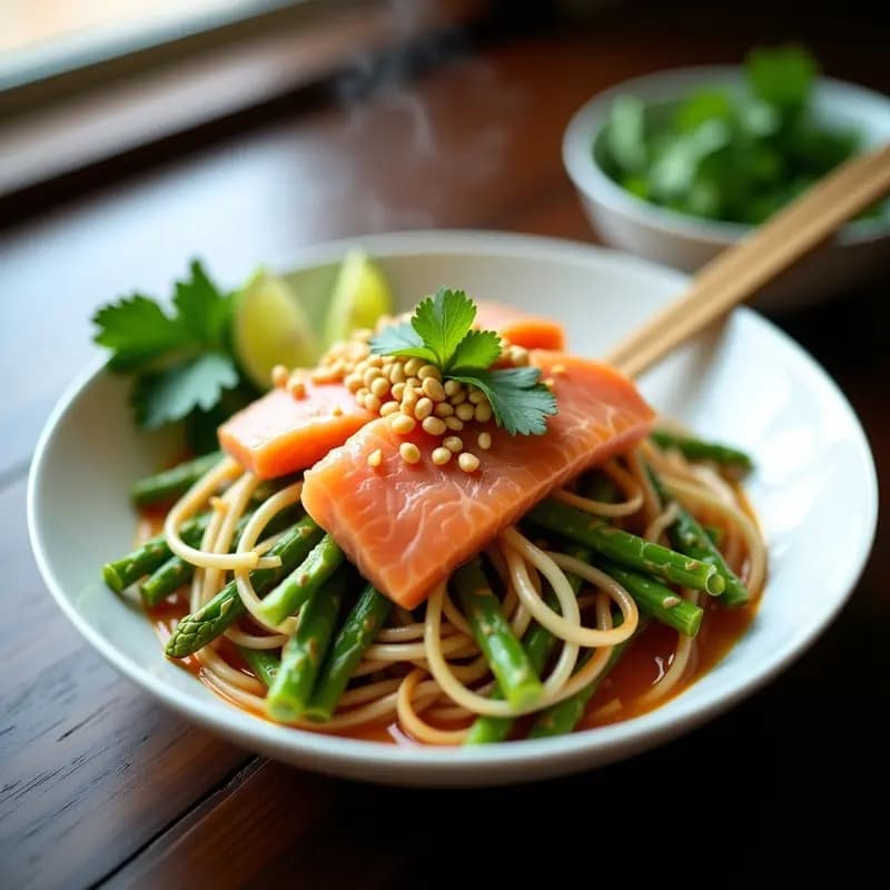 Pad Thai de Salmón Ahumado y Espárragos: Receta Tailandesa Alta en Proteína en 20 Minutos