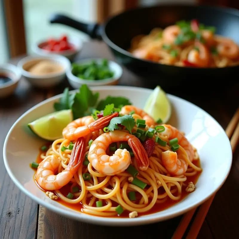 Pad Thai tailandés con gambas: Fideos salteados con cacahuetes y lima