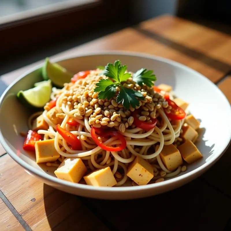 Pad Thai Vegano con Tofu y Cacahuetes Triturados: Receta Tailandesa Sin Huevos en Sartén