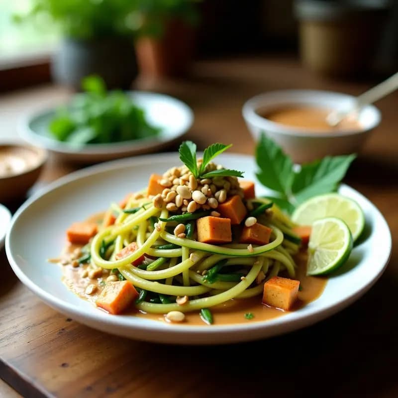 Pad Thai de Zucchini y Gamboa con Salsa de Cacahuete: Receta Tailandesa Vegana y Sin Gluten