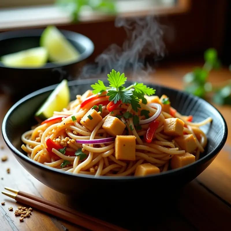Padou Thai de Fideos de Arroz y Tofu: Receta Tailandesa Vegana en Sartén