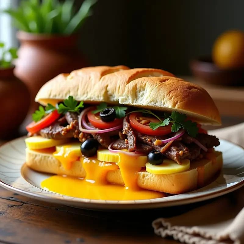 Padre e Hijo: Sándwich Peruano con Lomo Saltado y Papa a la Huancaína en Pan Francés