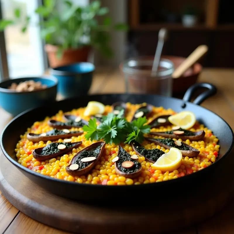 Paella de Algas y Champiñones Portobello: Receta Vegana de la Costa Mediterránea con Azafrán