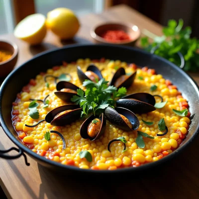Paella valenciana con algas y mejillones: Receta de mar con azafrán en paellera