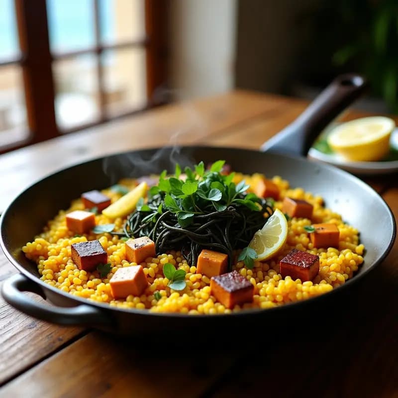 Paella de Algas y Tofu Ahumado: Receta Vegana de la Costa Valenciana con Azafrán