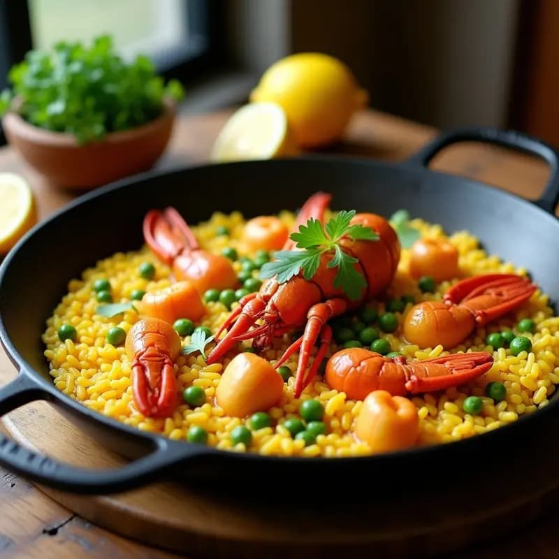 Paella de Bogavante y Azafrán con Alcachofas y Guisantes: Receta Española Gourmet y Alta en Proteína