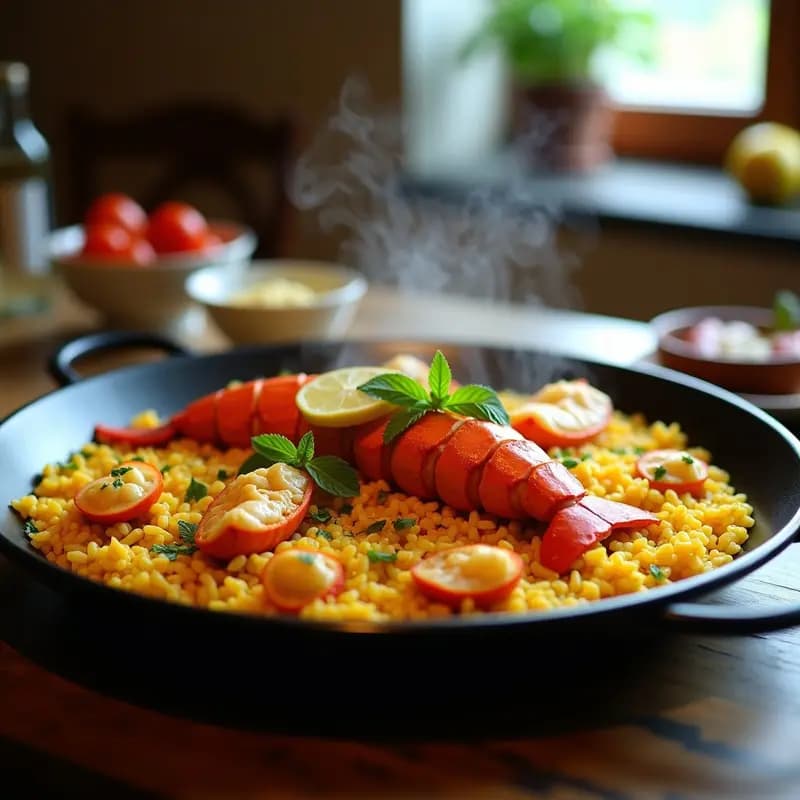 Paella de Bogavante y Azafrán: Receta Española Gourmet con Toque de Limón y Ajo Negro