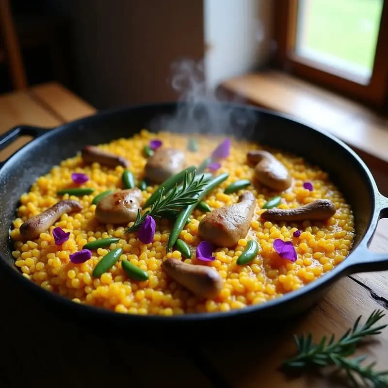 Paella de Bugambilia y Conejo al Azafrán: Receta Valenciana Tradicional en Cazuela de Hierro