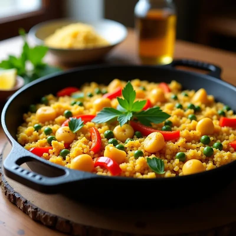 Paella de Coliflor y Azafrán con Mariscos de Corazón de Palma: Receta Española Vegana
