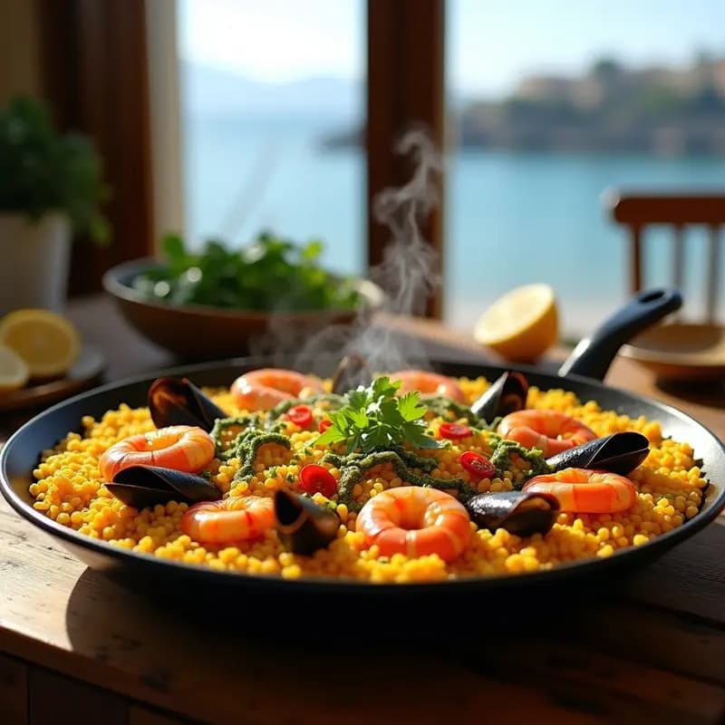 Paella de Marisco y Algas Marinadas: Receta Española Tradicional con Toque Innovador en Paellera
