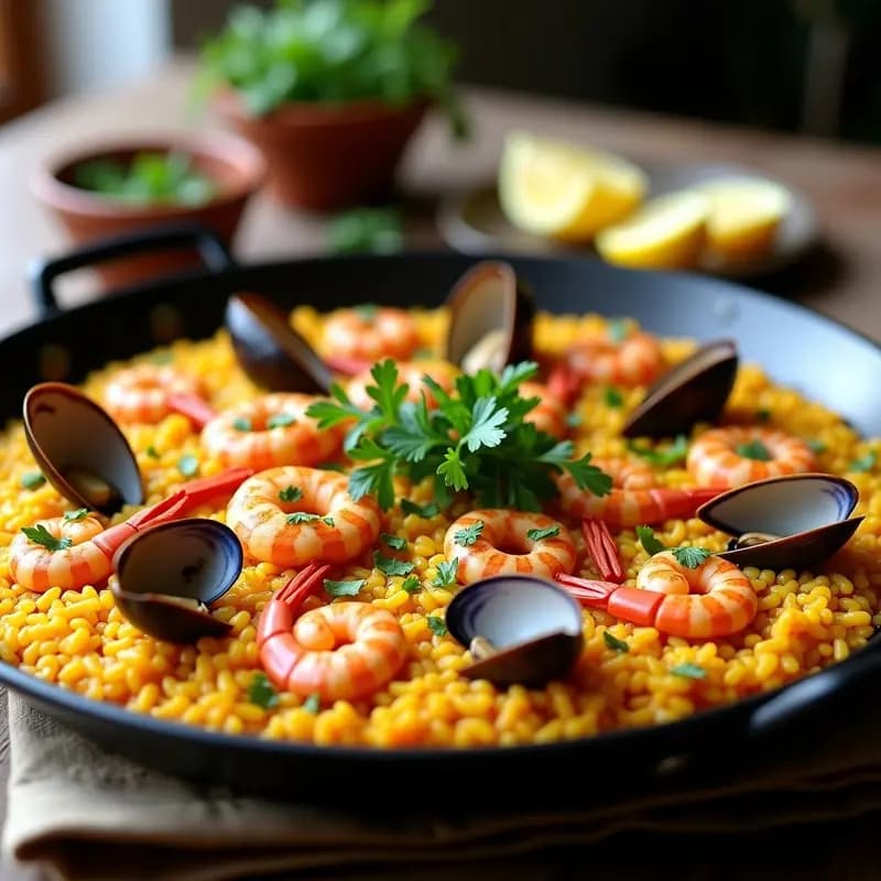 Paella de Marisco y Azafrán: Receta Española Tradicional en Sartén con Socarrat Perfecto