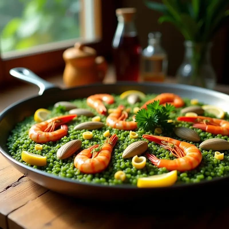 Paella de Marisco y Espirulina: Receta Española Alta en Proteína y Omega-3