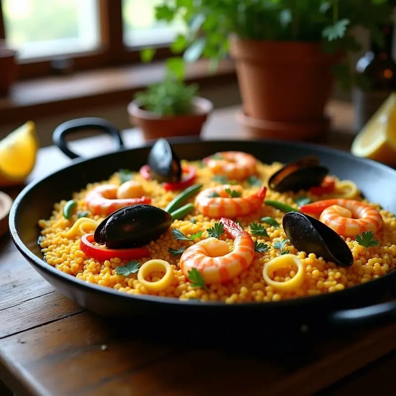 Paella de Marisco y Verduras: Arroz Meloso con Caldo de Pescado Casero