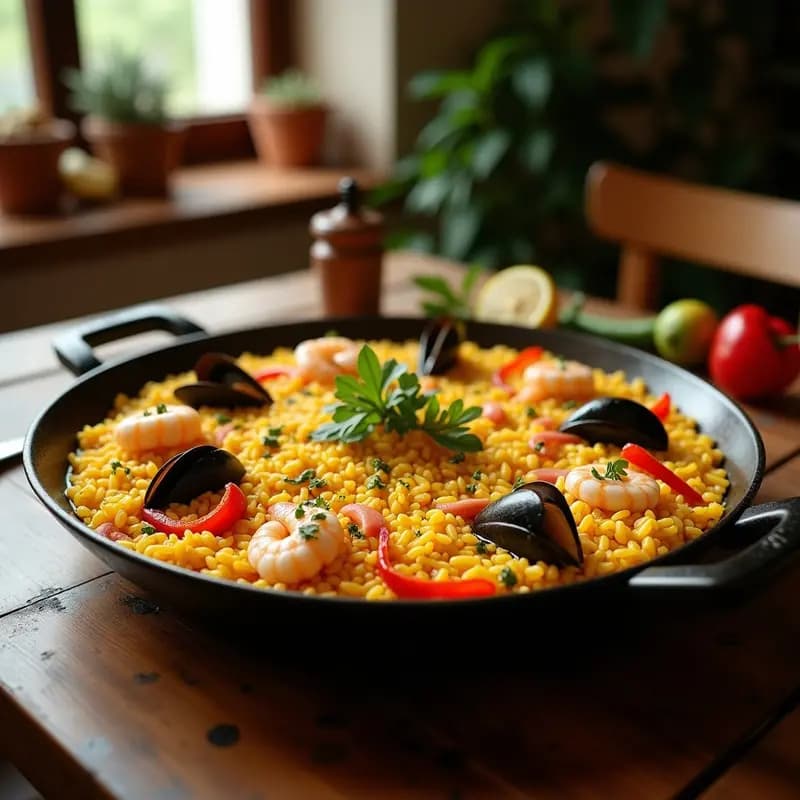 Paella de marisco y verduras al estilo del levante: Receta de arroz español en paellera
