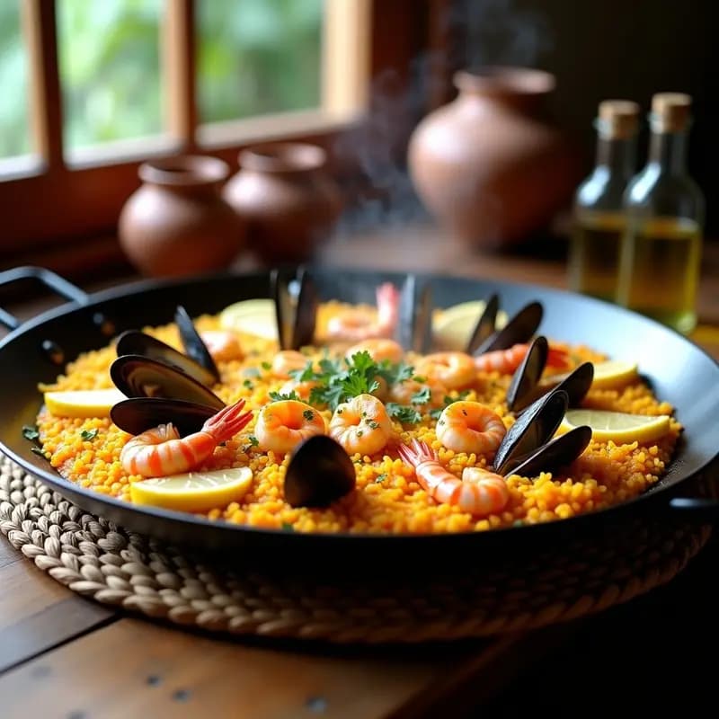 Paella de Mariscos y Azafrán: Receta Española en Sartén con Arroz Bomba