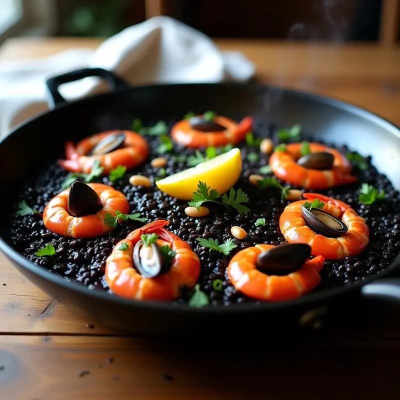 Paella de Mariscos Negros con Azafrán y All i Oli: Receta Valencia Gourmet en Paellera
