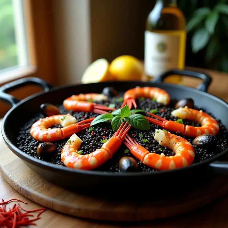Paella de Mariscos Negros con Tinta de Calamar: Receta Española Gourmet en Cazuela de Hierro
