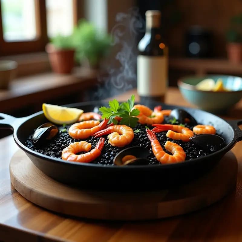 Paella Negra de Arroz Venere y Mariscos: Receta Española Gourmet Sin Lactosa