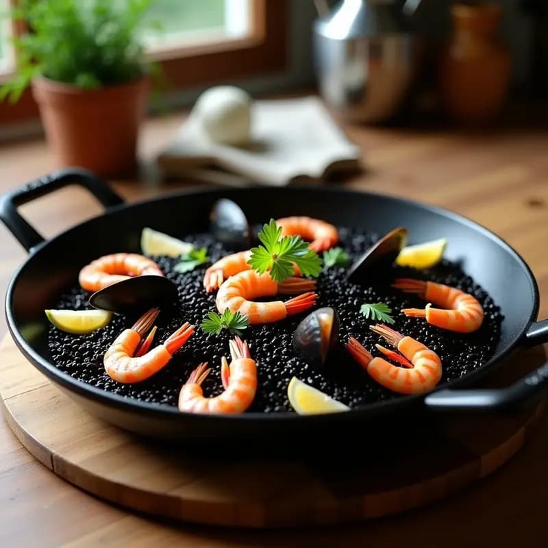 Paella Negra con Tinta de Calamar y Gambas: Receta Española de Marisco en Sartén