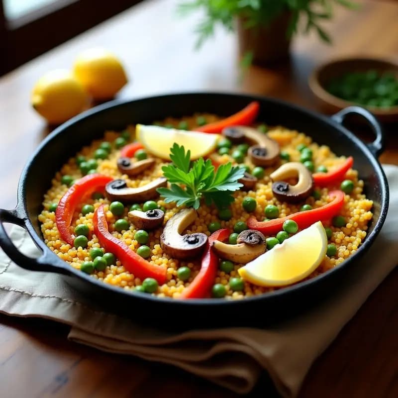 Paella de Quinoa y Azafrán con Champiñones: Versión Vegana Sin Arroz y Alta en Nutrientes
