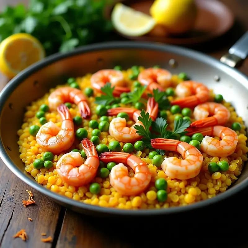 Paella de Quinoa y Azafrán con Gambas: Receta Española Sin Arroz y Sin Lactosa