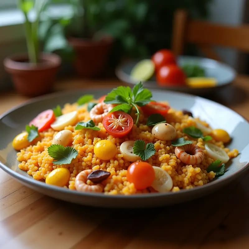 Paella de Quinoa con Azafrán y Mariscos Imaginarios: Versión Vegana del Clásico Español