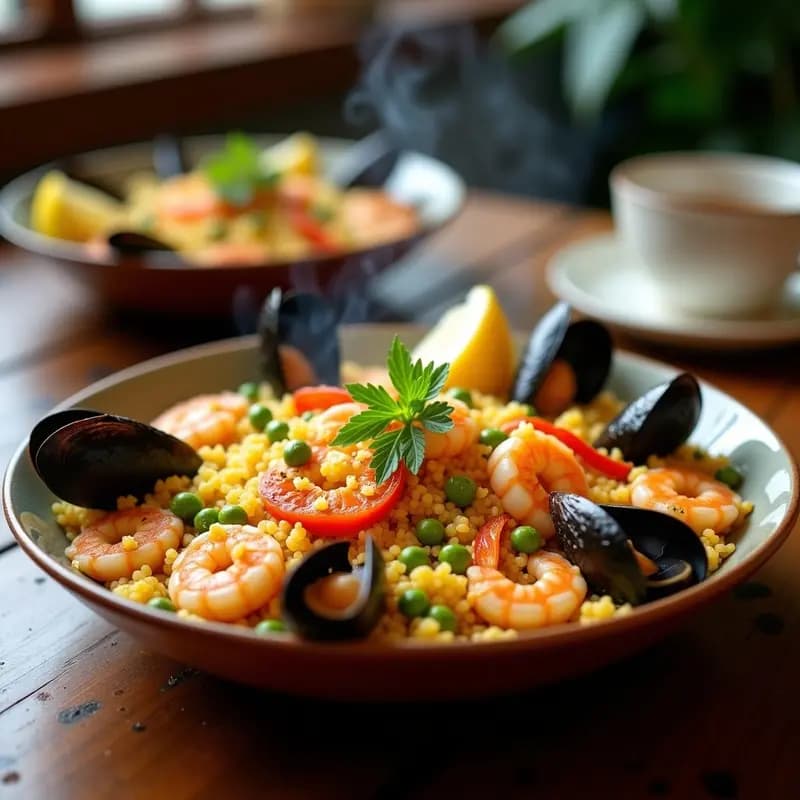 Paella de Quinoa y Mariscos: Versión Sin Arroz y Alta en Proteína en Olla Exprés