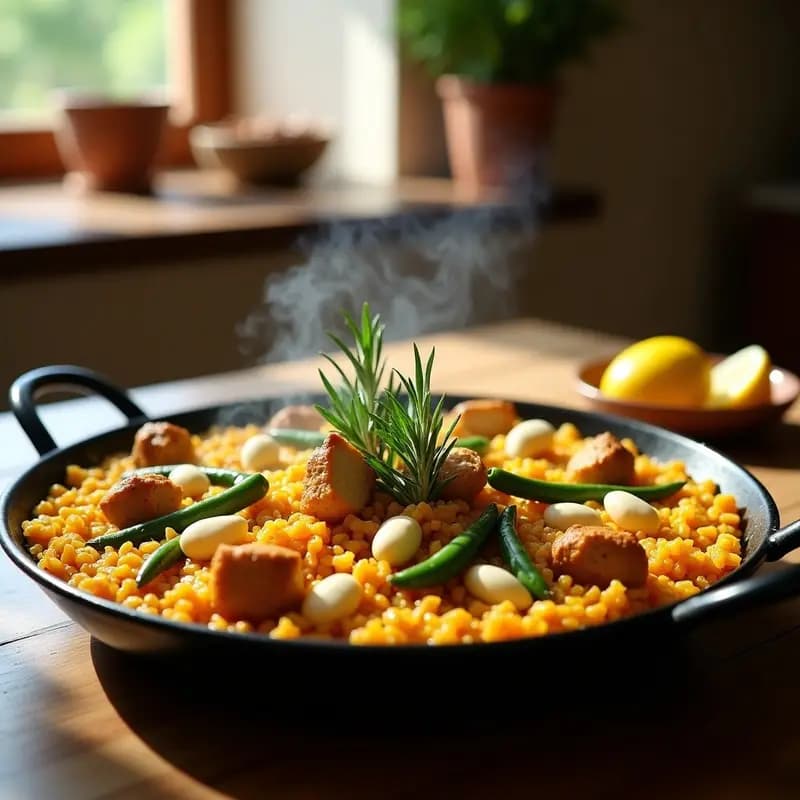 Paella Valenciana con Pollo y Conejo: Receta Española Tradicional en Paellera