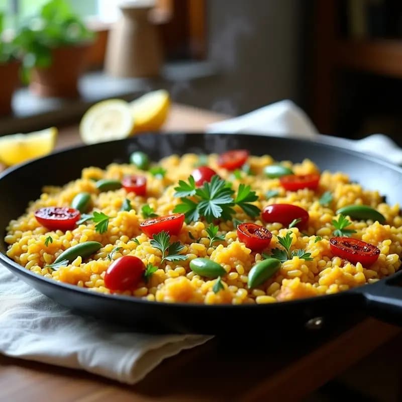 Paella de Verduras: Arroz con Alcachofas, Habas y Pimientos del Piquillo