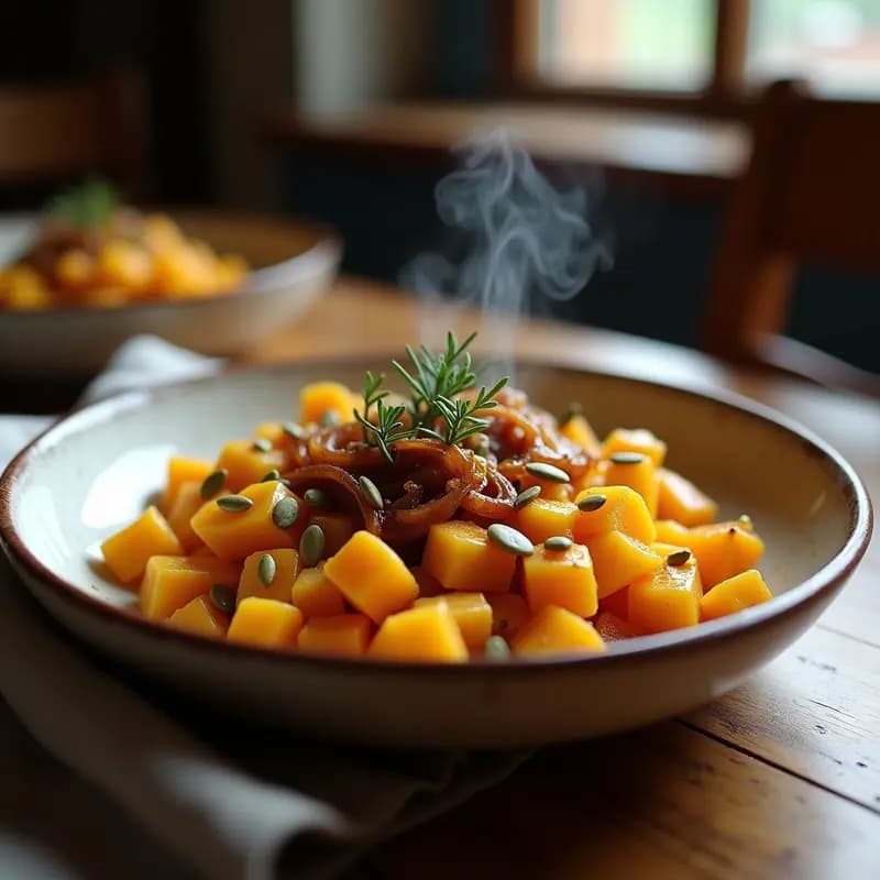 Pätzle de Calabaza y cebolla Caramelizada con Semillas de Calabaza: Receta Alemana Vegana